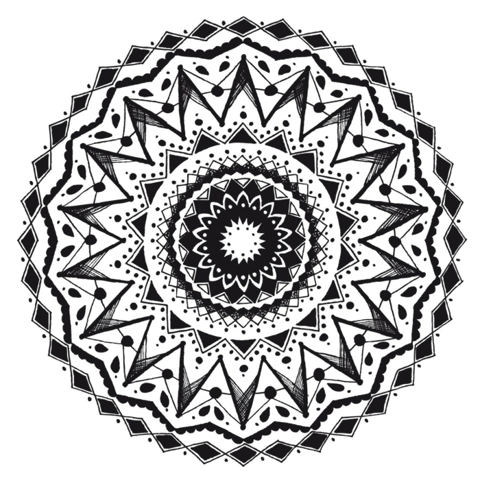 comment faire une rosace, mandala à colorier, dessin blanc et noir, motifs géométriques 
