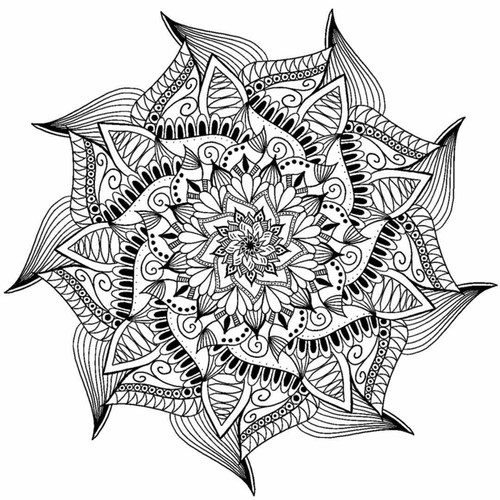 mandala à colorier, motifs floraux, dessin blanc et noir, papier blanc, coloriage de mandala