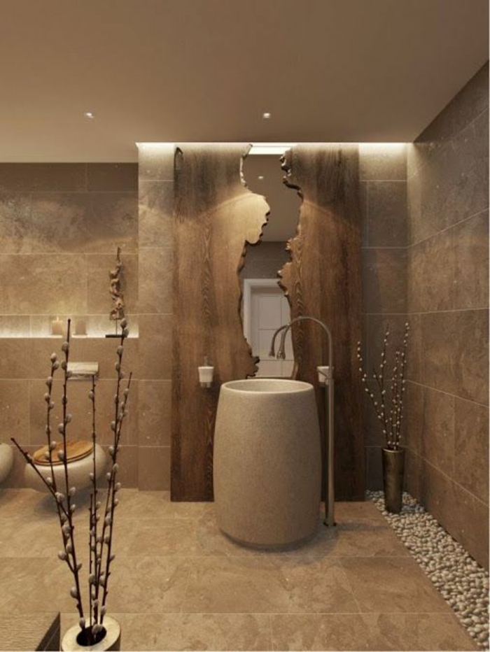 miroirs salle de bain lumineux lavabo en pierre rond effet de fissure plusieurs plans du mur effet 4D 