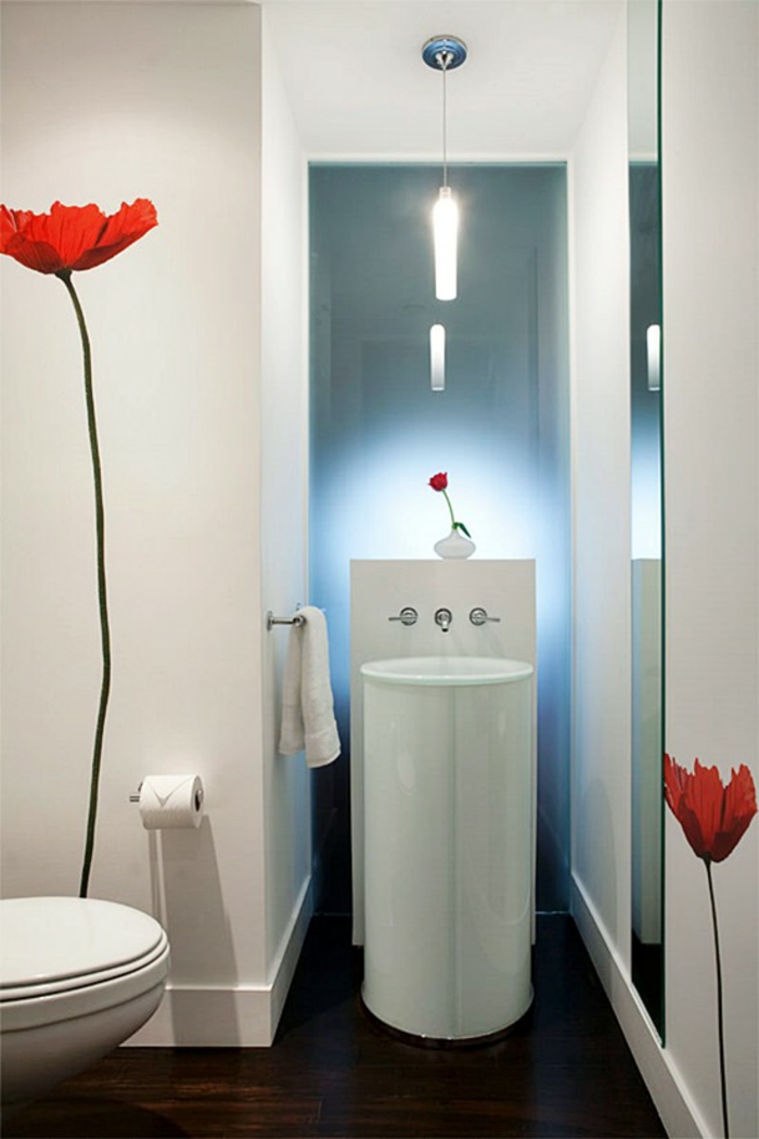 miroir salle de bain lumineux espace étroit décoration coquelicots
