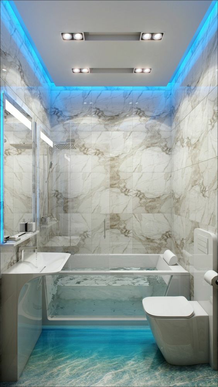 miroir lumineux de salle de bain avec des lueurs bleuatres et des leds comme accents lumineux en blanc