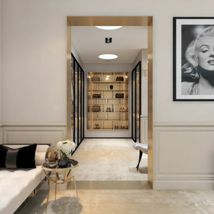 mobilier art déco, tapis moquet beige, portrait de Maryilyne Monroe