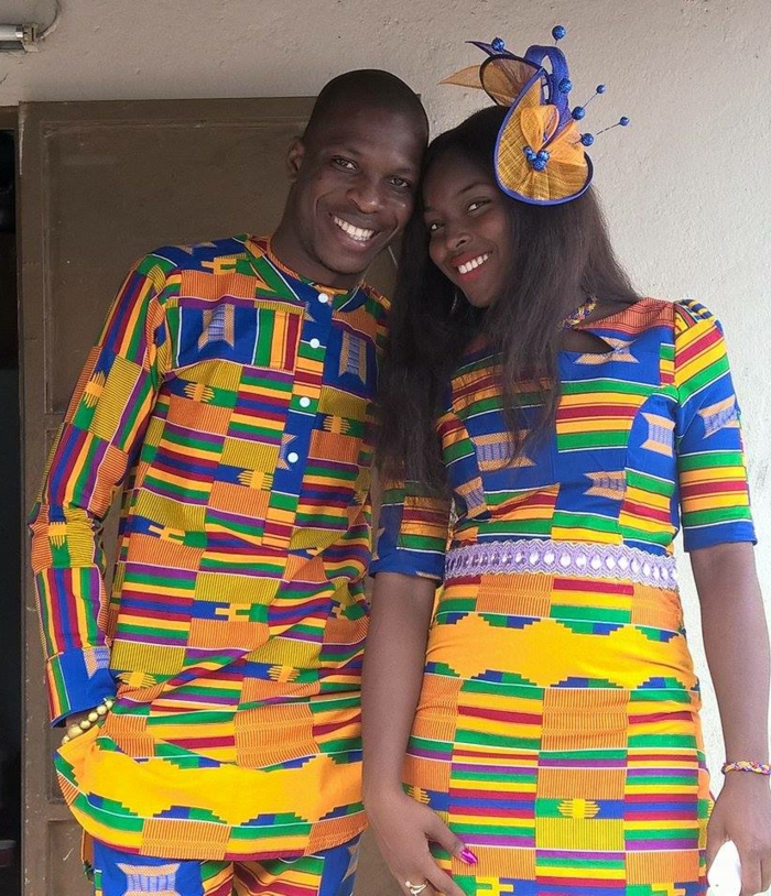 modele robe africaine, teues homme et femme, prints jaunes et bleus