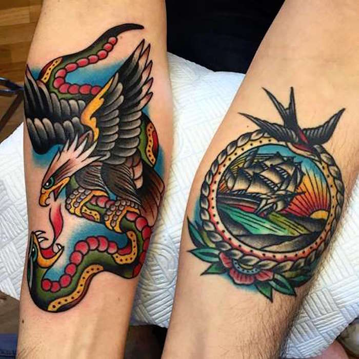 prix tatouage manchette couleurs aigle serpent biker