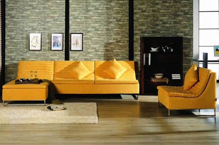 canapé tissu jaunes boudins style salon ancien