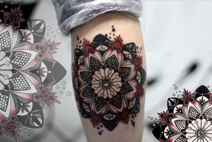 tattoo graphique tatouage mandala homme noir rouge bras