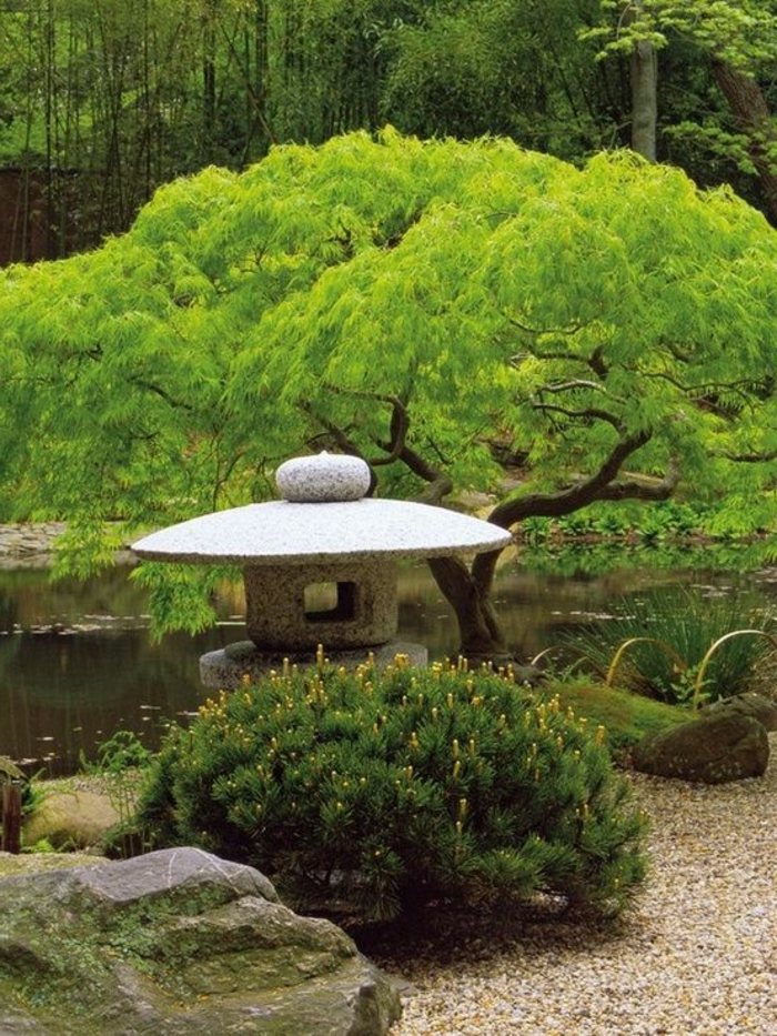 déco de jardin zen, broussailles jaunes, bassin d'eau, lanterne en pierre zen, rochers dans le sable