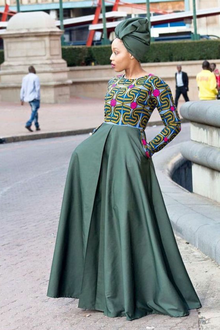 robe africaine wax, robe originale en vert et lilas, turban