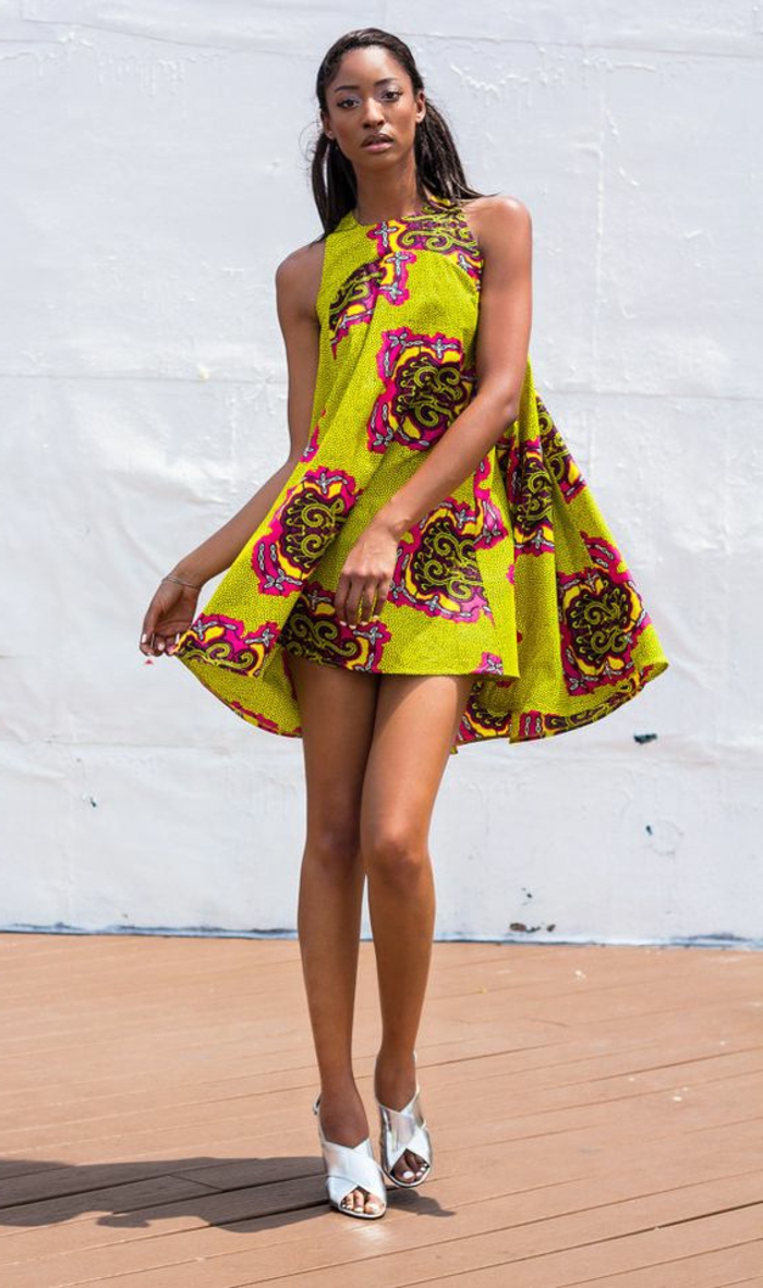  robe wax africain, robe courte couleur vert néon, robe de tous les jours
