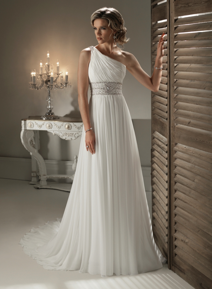 une robe de mariée grecque sublime à épaule asymétrique, robe de mariée avec taille empire 