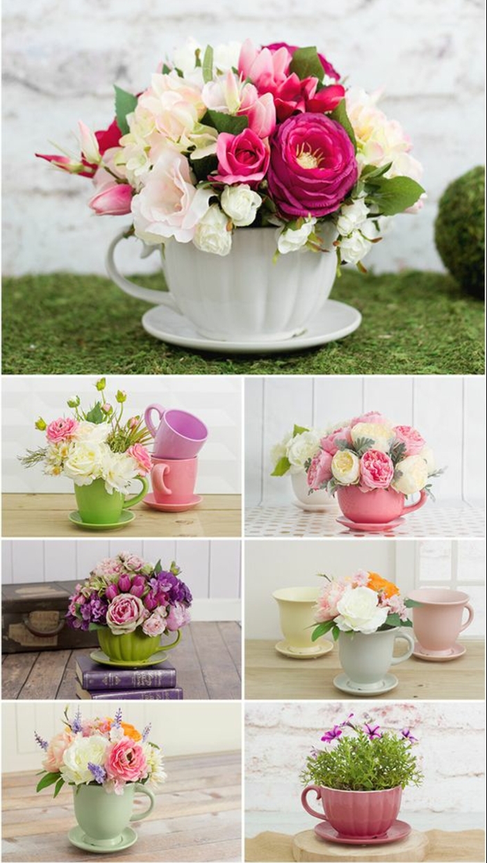 cadeau fete des meres dans des tasses en porcelaine, bouquet de fleurs, décoration florale maison jardin, style shabby chic,