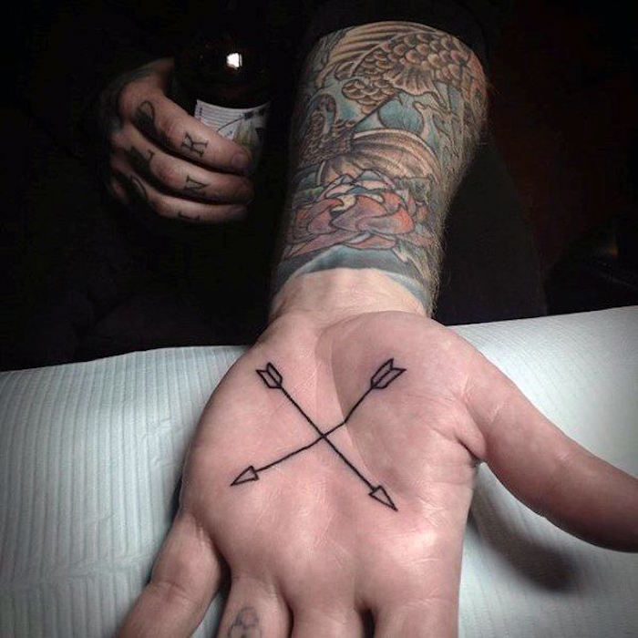tatouage sur la main homme interieur fleches paume