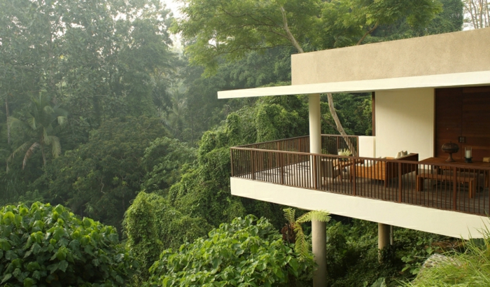 terrasse bois sur pilotis, vue sur la forêt, façade blanche, décoration murale en bois, arbres