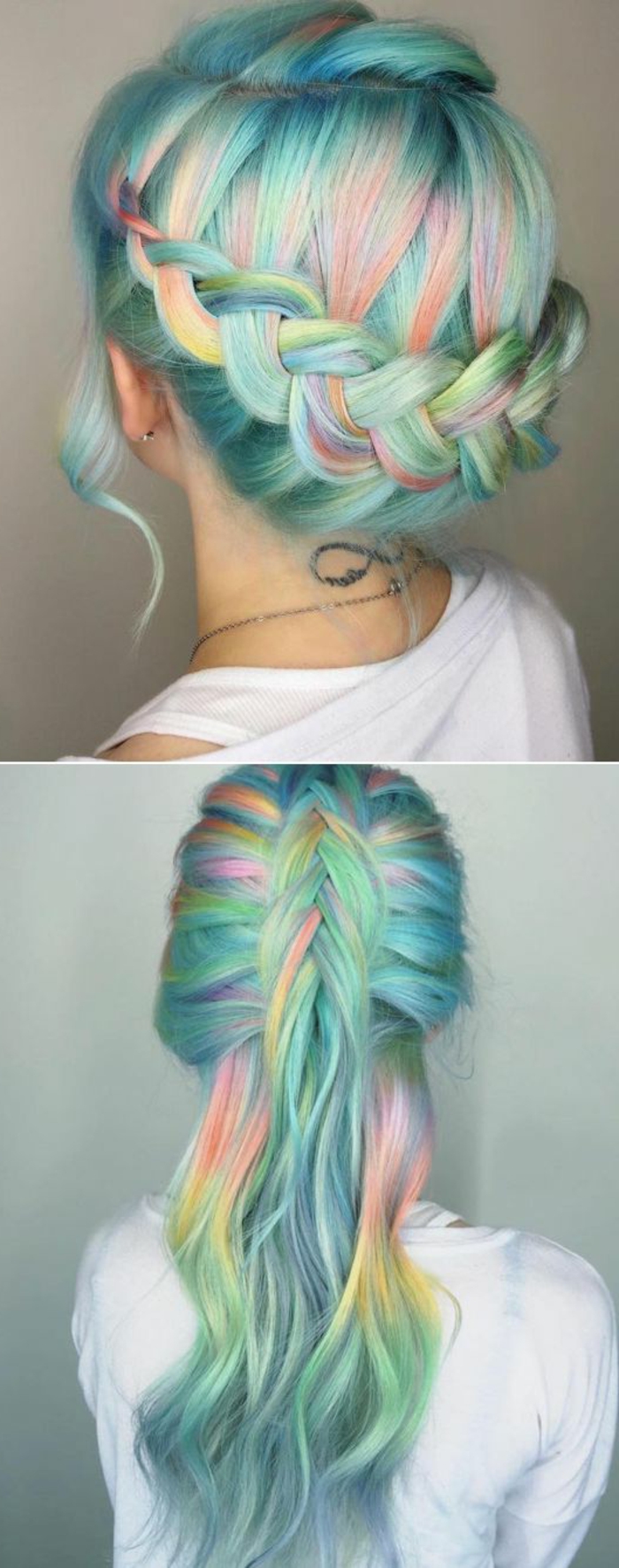 cheveux couleur arc en ciel, deux idées de tresse, couronne de tresse et demi-tresse lachée, idée de coiffure femme extravagante colorée