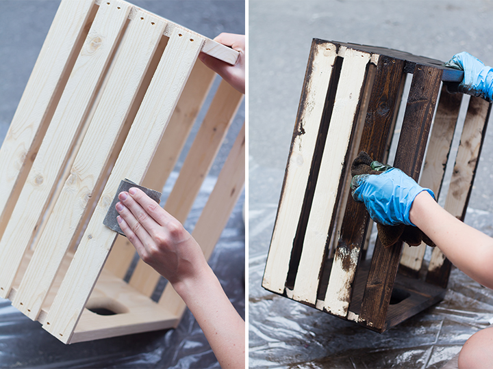 etagere cagette tutoriel, premier étape polir les caisses en bois à l aide de papier de verre et appliquer de la teinture pour bois