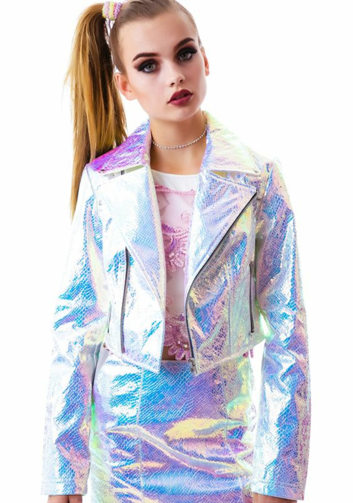 look années 80 ensemble de jupe et veste aux revers larges aux reflets irisés métalliques