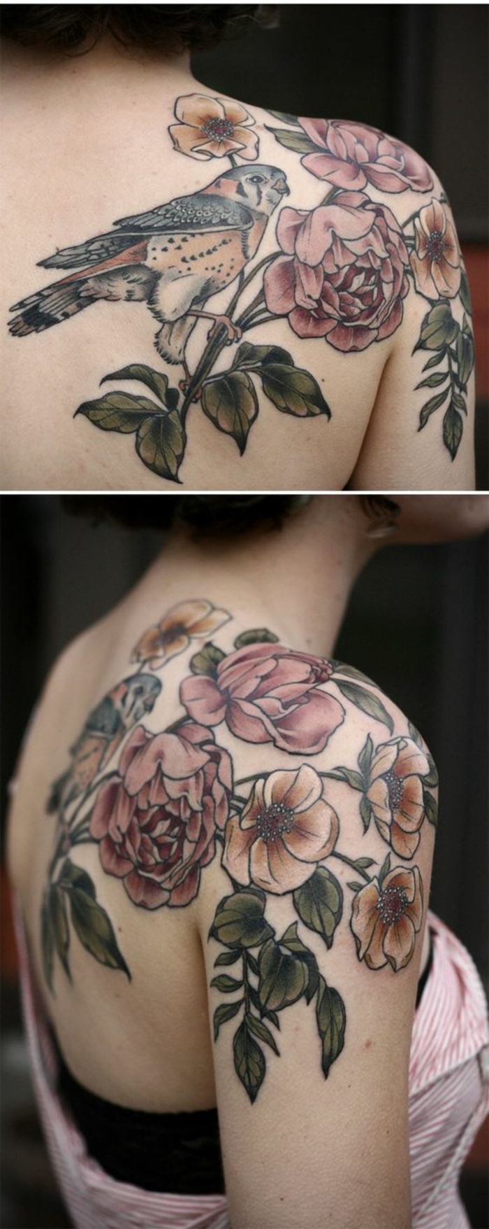 Idée signification tatouage oiseau se tatouer un oiseau épaule pivoine tatouage