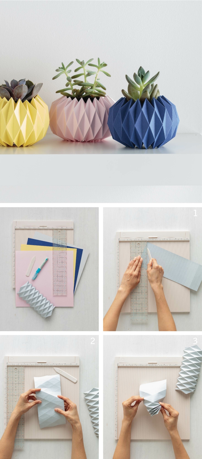 idée originale pour une déco maison en origami, des cache-pots géométriques colorés en papier 