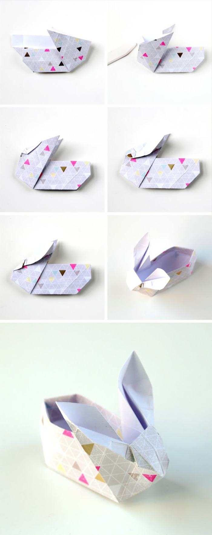 l'art de pliage papier, bricolage de pâques, un lapin panier origami