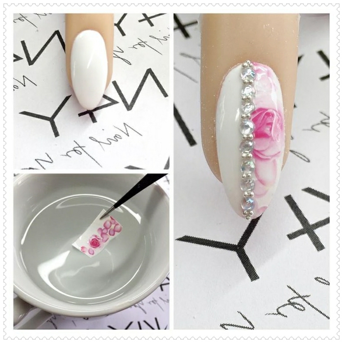 nail art tuto, décoration avec stickers, nail art, motifs floraux, manucure blanche, cristaux pour ongles