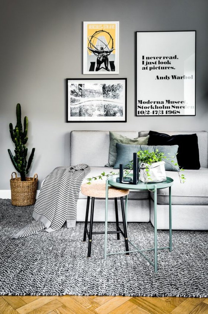 couleur assortie au gris, intérieur scandinave, mur gris clair, tapis gris, deux tables scandi,naves, cache pot panier
