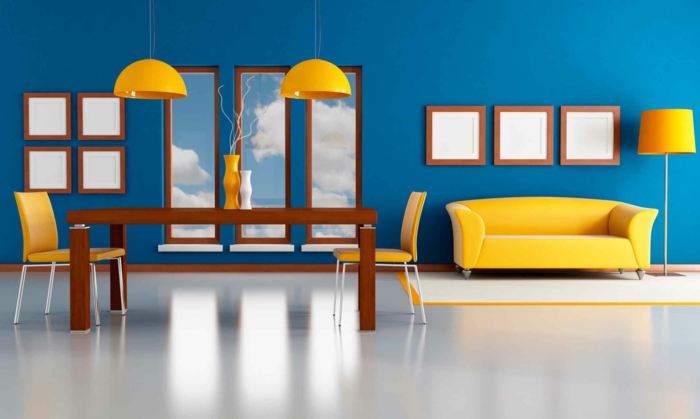 deco bleu et jaune, canapé, suspensions, chaises jaunes, table en bois marron, revêtement sol blanc, mur couleur bleue, deco cadres vides