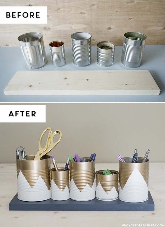 recyclage boite de conserve pour créer un organisateur de bureau, plusieurs boites de conserve, customisés à la peinture blanche, crayons, stylos, ciseaux