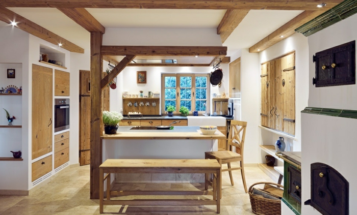 relooker cuisine en bois, plafond blanc, étagères en bois, éclairage LED, fenêtre à carreaux, cuisine blanche et bois