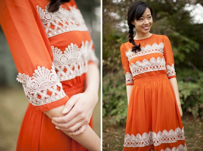 une robe orange customisée deco dentelle, idée comment personnaliser un vetement soi meme, exemple