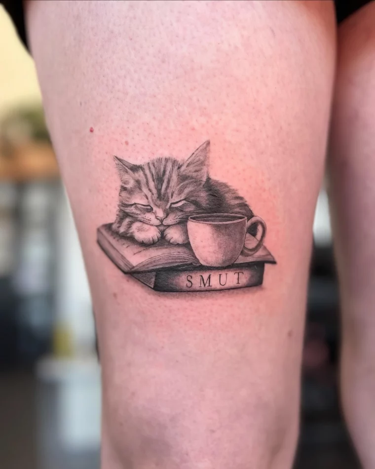 dessin chat endormi livres tasse de cafe tatouage symbolique