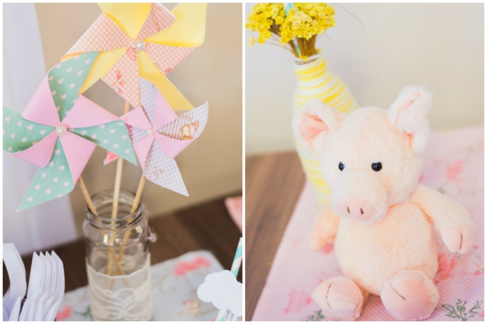une décoration de baby shower fille aux couleurs douces, moulin à vent papier double face décoratif