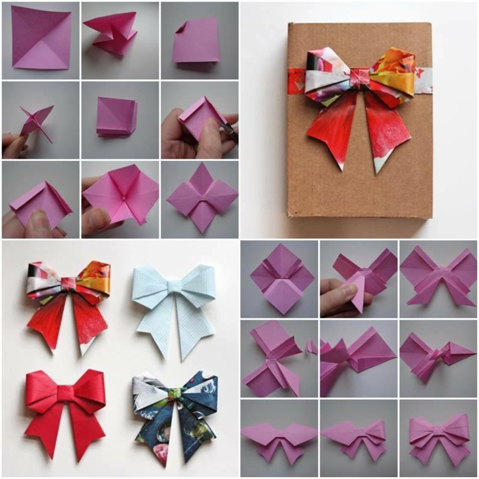 instruction de pliage papier pour faire un ruban décoratif en origami, idée pour un emballage diy