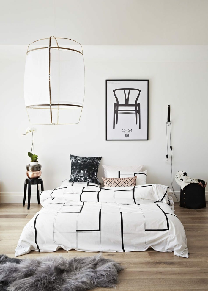 alternative moderne de la lampe de table, une suspension chevet façon lampe baladeuse, chambre à coucher moderne au style scandinave