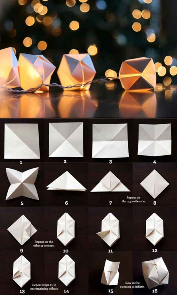 une guirlande lumineuse led en origami, les étapes de pliage papier à suivre pour faire des ballons origami gonflables