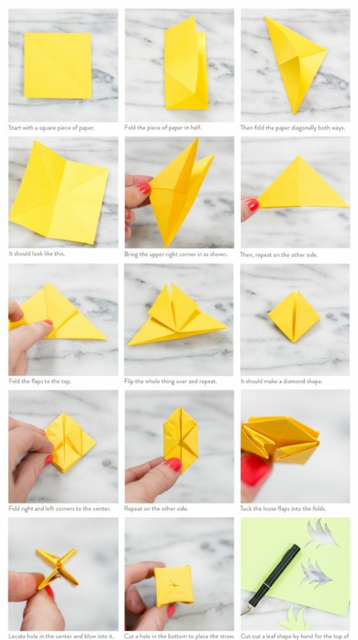 comment faire de petits ananas en papier pour décorer des pailles, instruction de pliage papier origami