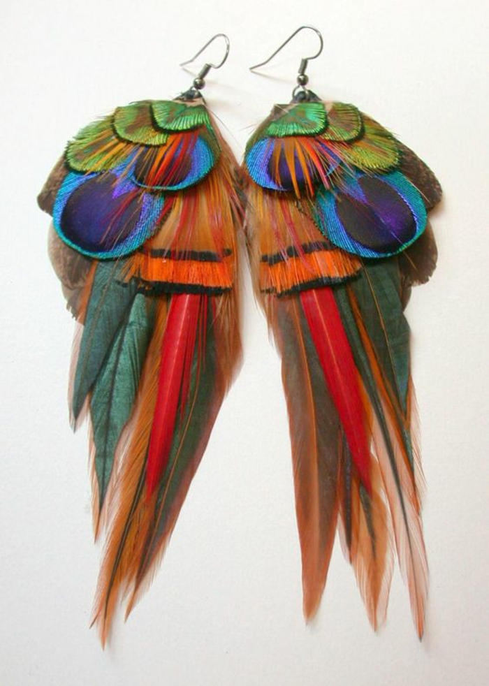 look année 80 boucles d'oreilles plumes multicolores en vogue style perroquet