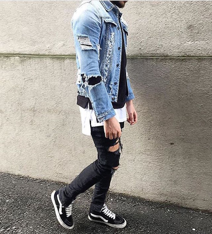 vetement habits grunge homme look rock jean slim veste en jean vintage chaussures vans old skool