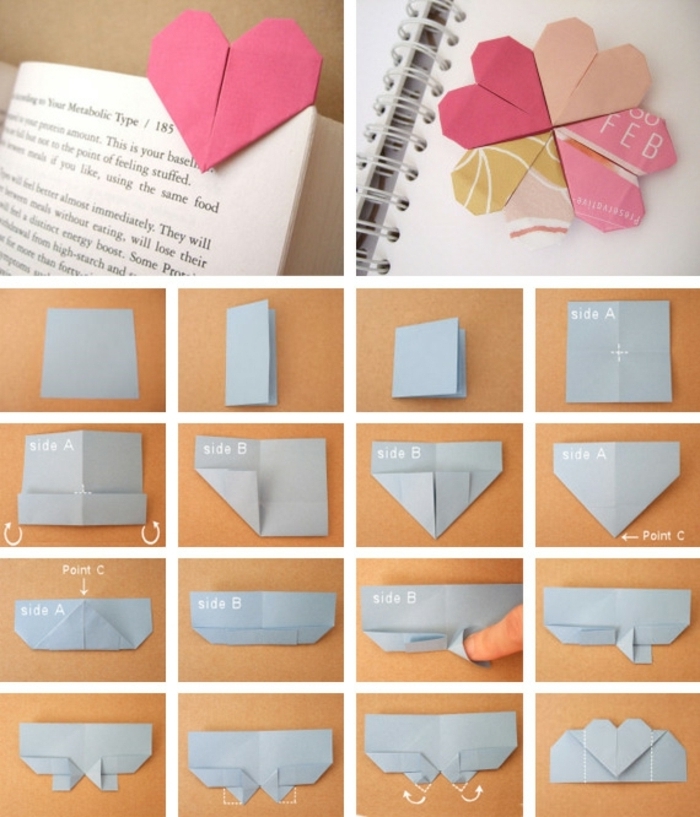 technique de pliage papier pour réaliser un marque-page cœur en origami facile
