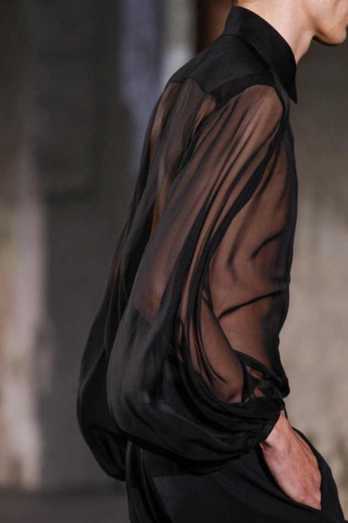 année 80 mode chemisier en tissu transparent noir organza avec col fermé 
