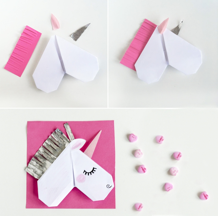 tuto pour réaliser un marque-page origami en forme de tête de licorne, activité manuelle amusante avec papier
