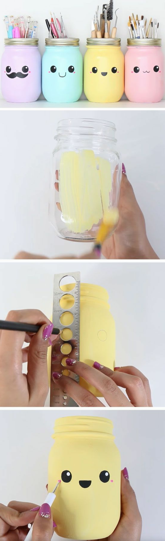 idée comment fabriquer un pot a crayon diy à partir de bocal en verre, repeint et décoré dessin bonhomme, idée de génie bricolage, activite manuelle