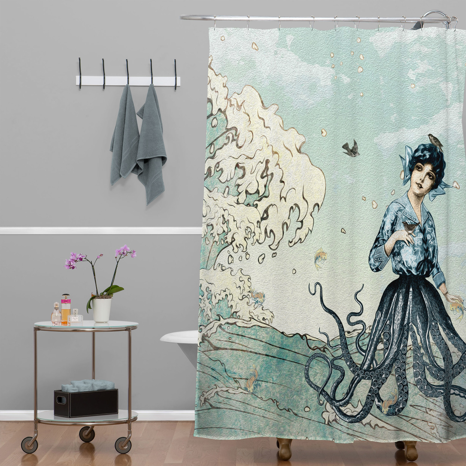 rideau de choude original motif artistique jules verne mer imaginaire pour salle de bain originale 