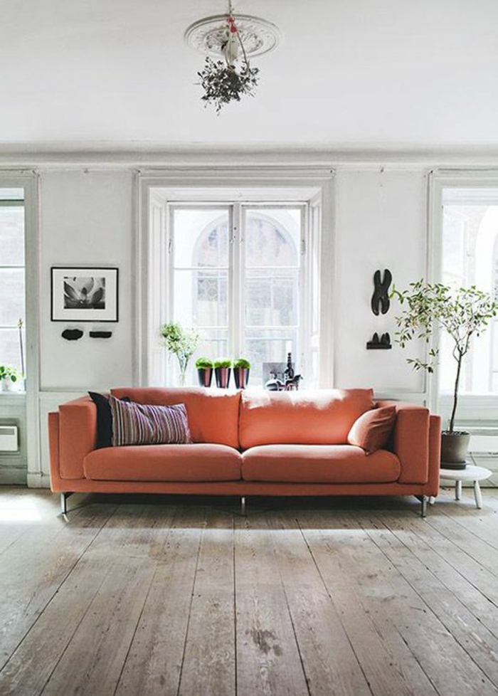 rose corail, sofa rose au sein d'un salon clair, sol en planhes de bois, salon lumineux
