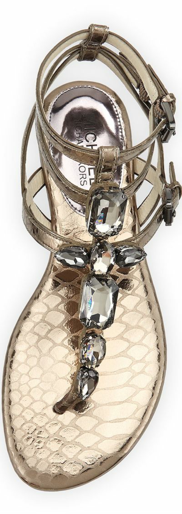 sandales pour femme finiture irisée métallique lanière avec plusieurs tours sur la cheville et avec des pierres synthétiques en gris