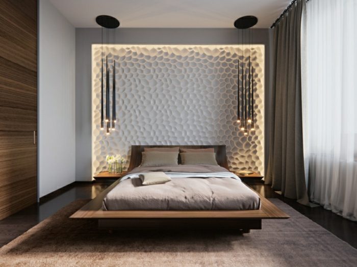une chambre à coucher au design contemporain, lit flottant et panneau mural décoratif, suspension luminaire 