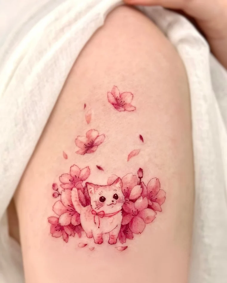 tatouage chat fleurs kawaii en couleur rose chaton epaule