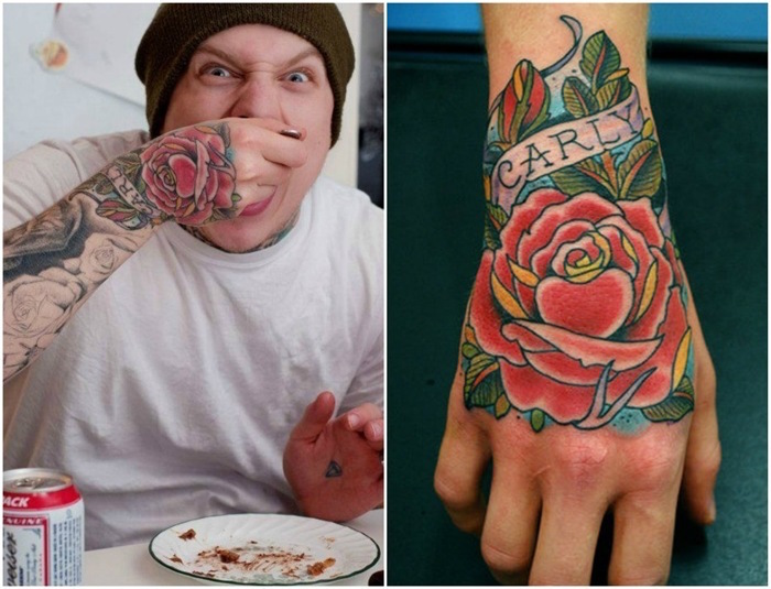tatouage homme poignet rose main fleur rouge tattoo fleurs