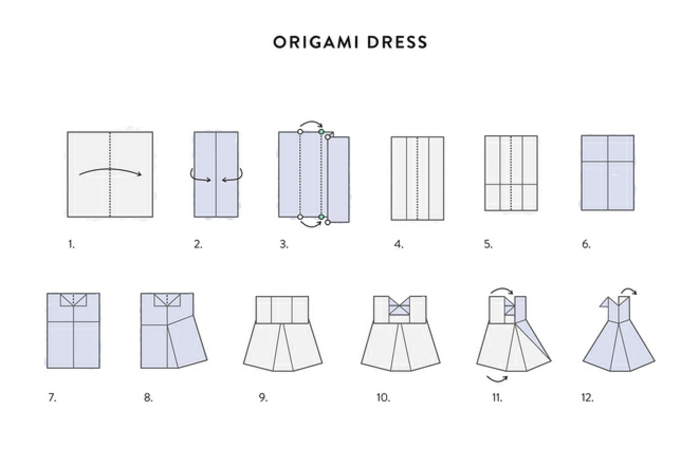 tuto avec instructions pas à pas pour réaliser un origami facile, cake topper robe en papier