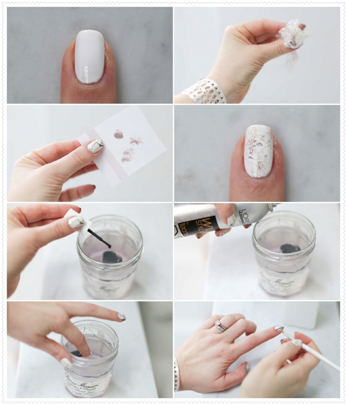 comment faire une manucure, ongles marbre, vernis blanc, pinceau à ongles, vernis gris, tuto comment réaliser un nail art