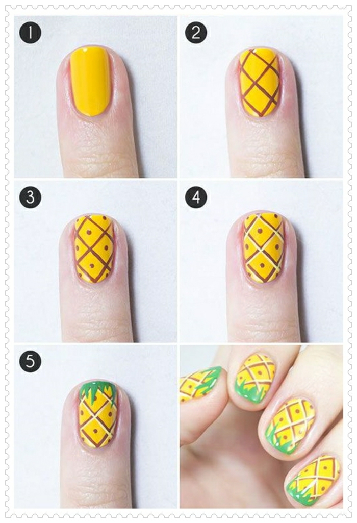 comment avoir de beaux ongles, réaliser une manucure avec pinceau, motif ananas sur les ongles